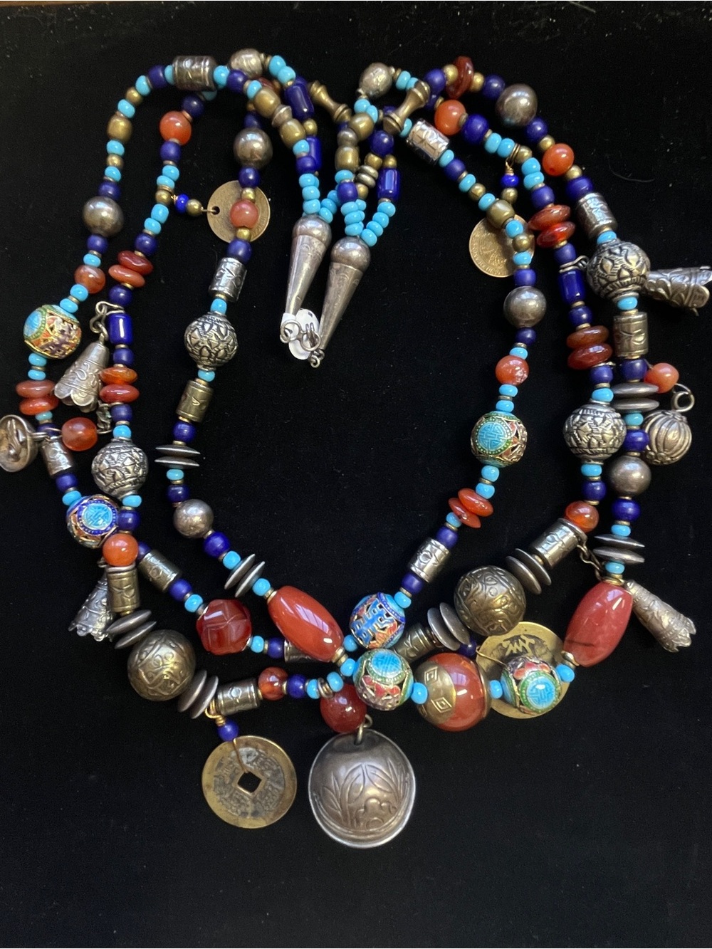 Vintage Handmade Western Global Fusion 3-Strand Necklace Carnelian Mixed Metals